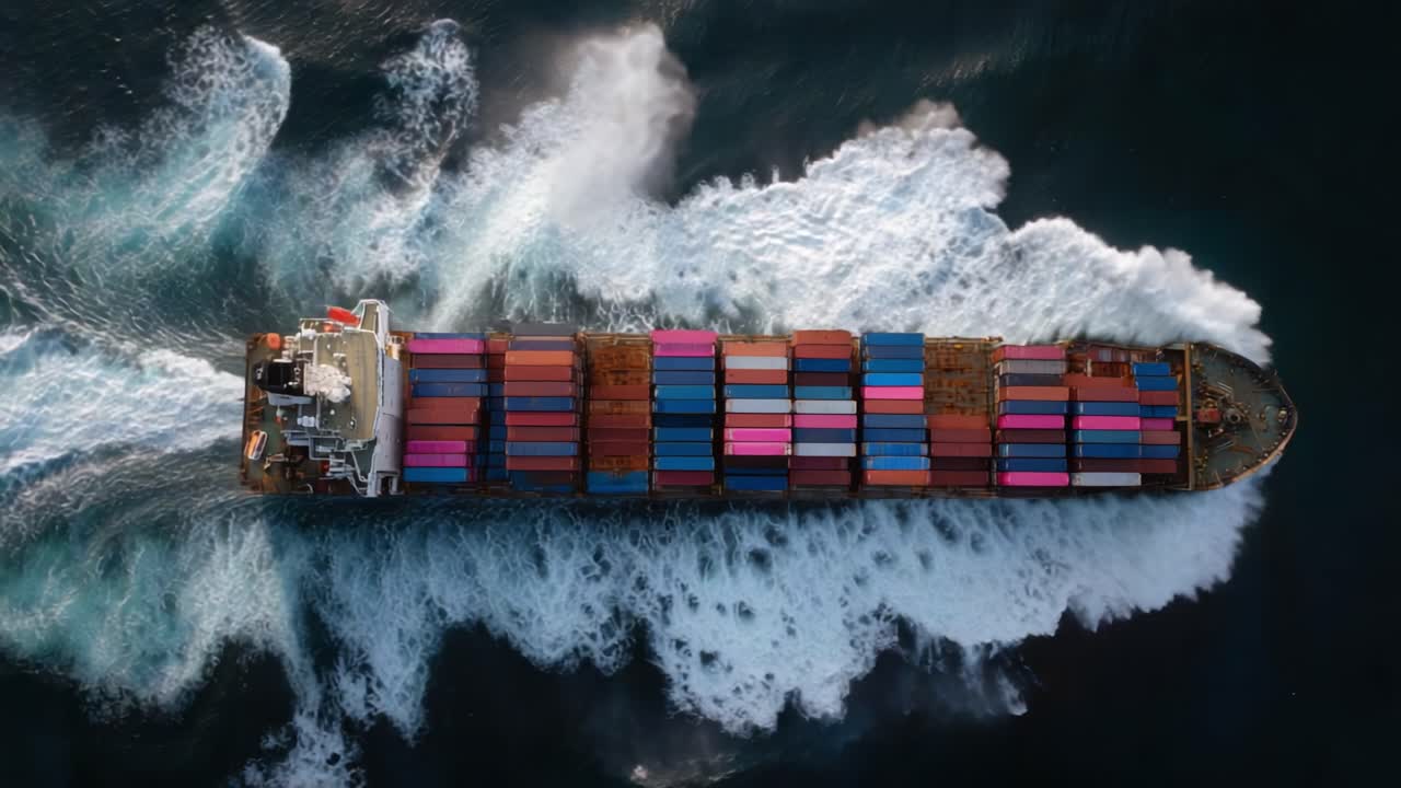 Aerial View of a Cargo Ship Navigating Through Ocean Waves, Displaying Colorful Containers on Deck in a Beautiful Maritime Scene