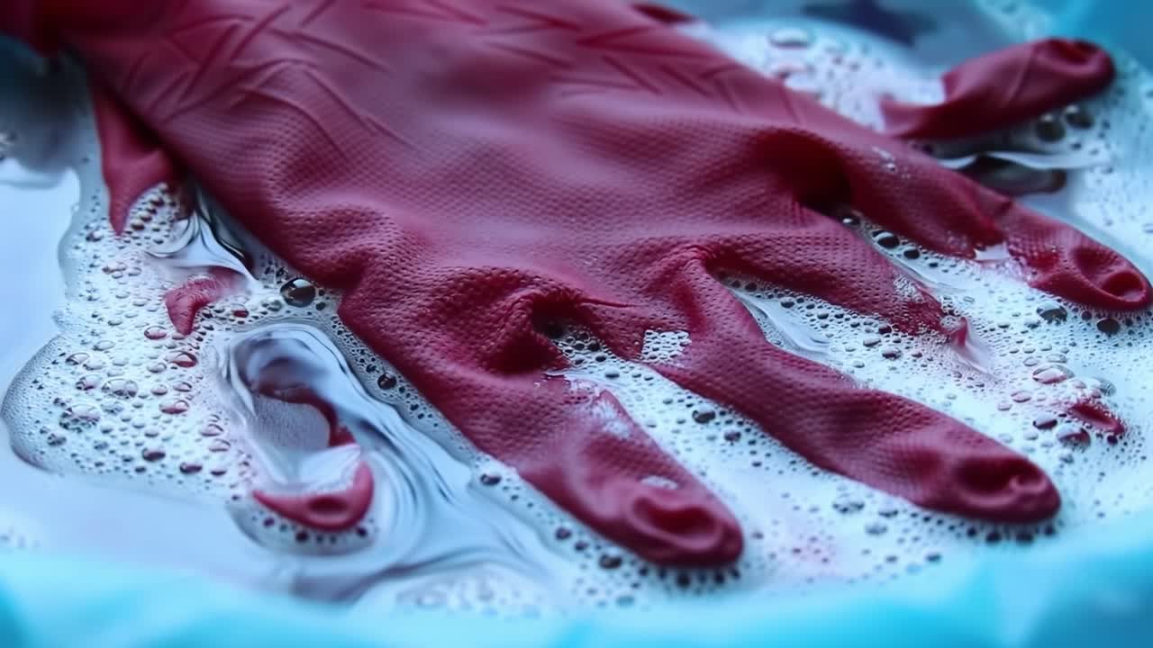 A Close-Up View of a Submerged Rubber Glove in Soapy Water, Capturing the Effervescent Bubbles and Textured Surface During a Cleaning Process