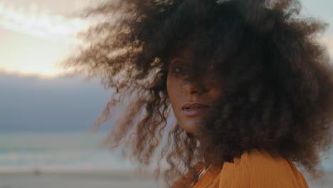 portrait model curling hairstyle blown on summer wind. woman posing on camera.