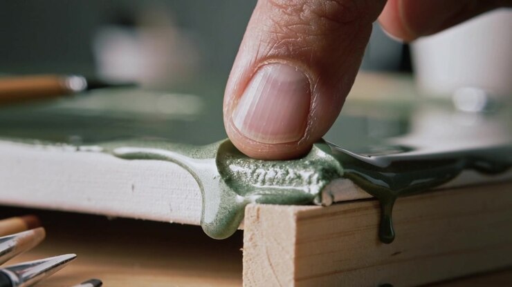 Reacting to glaze dripping, finger pressing into ceramic tile on wood block, smoothing green glaze