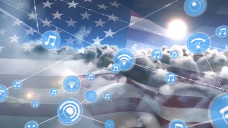 animación de la red de conexiones con iconos sobre la bandera de los estados unidos de américa y nubes