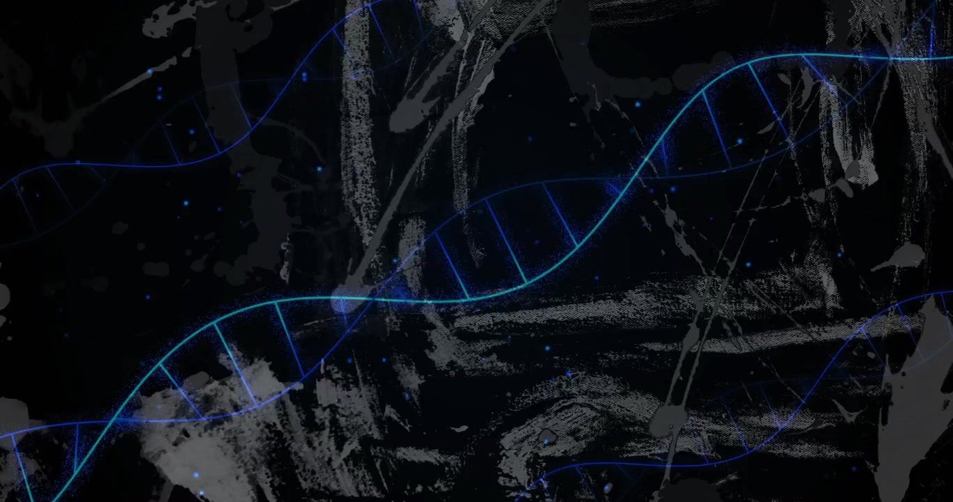 Upon start neon-blue DNA helix forming from strands and links drifting and swirling showing growth