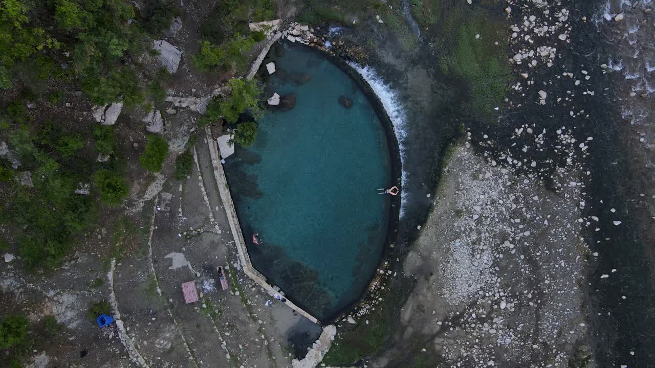 Flygfoto över människor som kopplar av i Benjas termalbad i Permet, Albanien