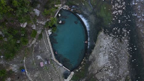 aerial-view-of-people-relaxing-in-Benja-Thermal-Baths-in-Permet,-Albania