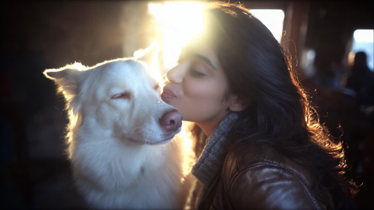 Un Momento Toccante: Una Giovane Donna Scambia un Tenero Bacio con il Suo Adorabile Cane Bianco in un Ambiente Splendidamente Illuminato, Catturando l'Essenza dell'Amore Incondizionato e della Compagnia.