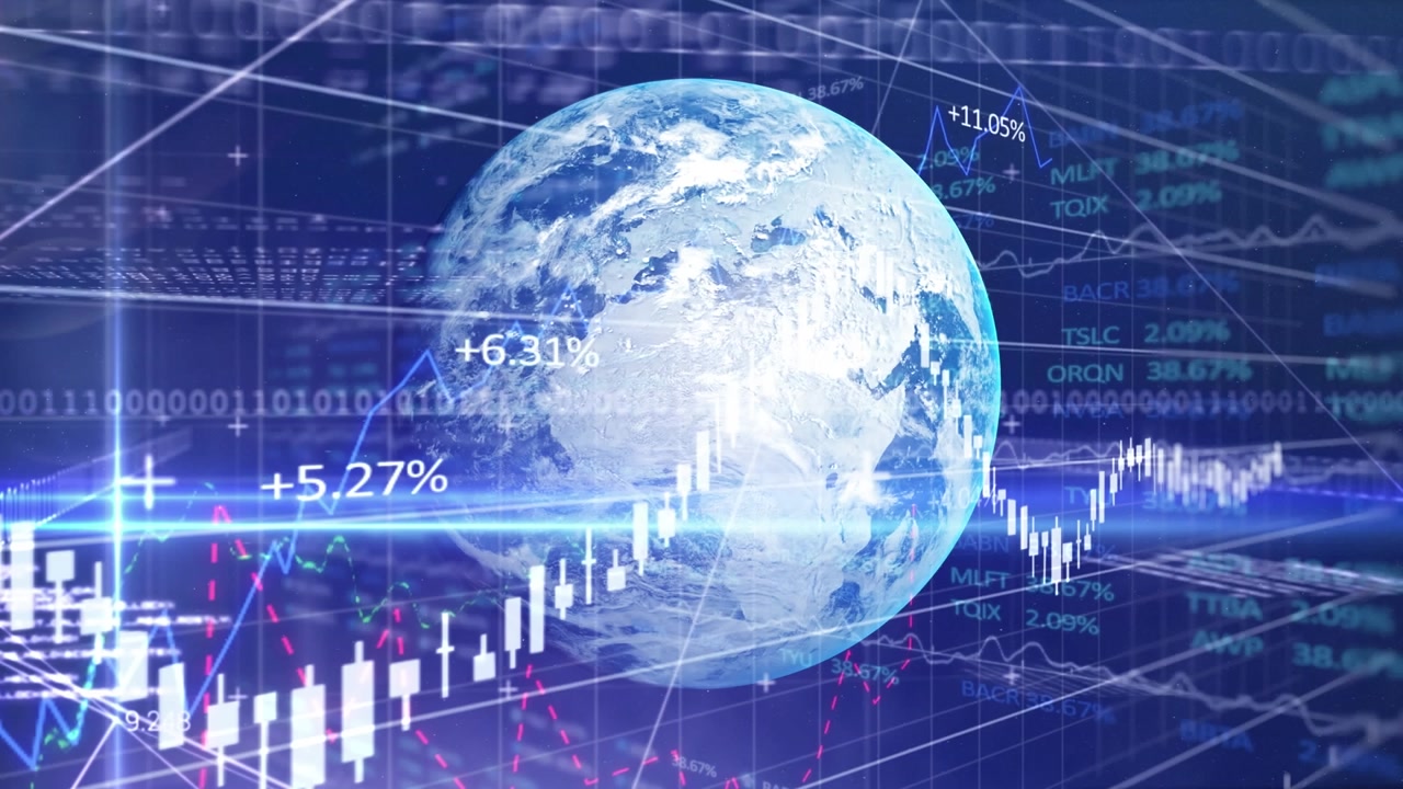 Animazione di grafici finanziari e globo su sfondo blu scuro