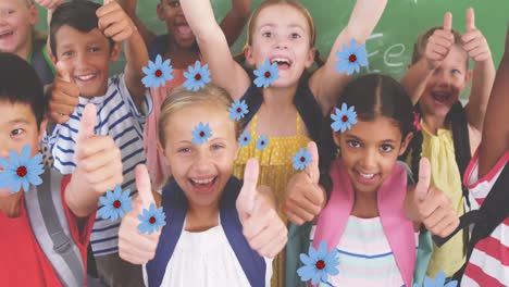 animation of falling flowers over school children