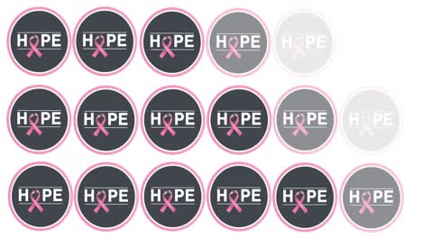 animation of multiple pink ribbon logo and hope text appearing on white background