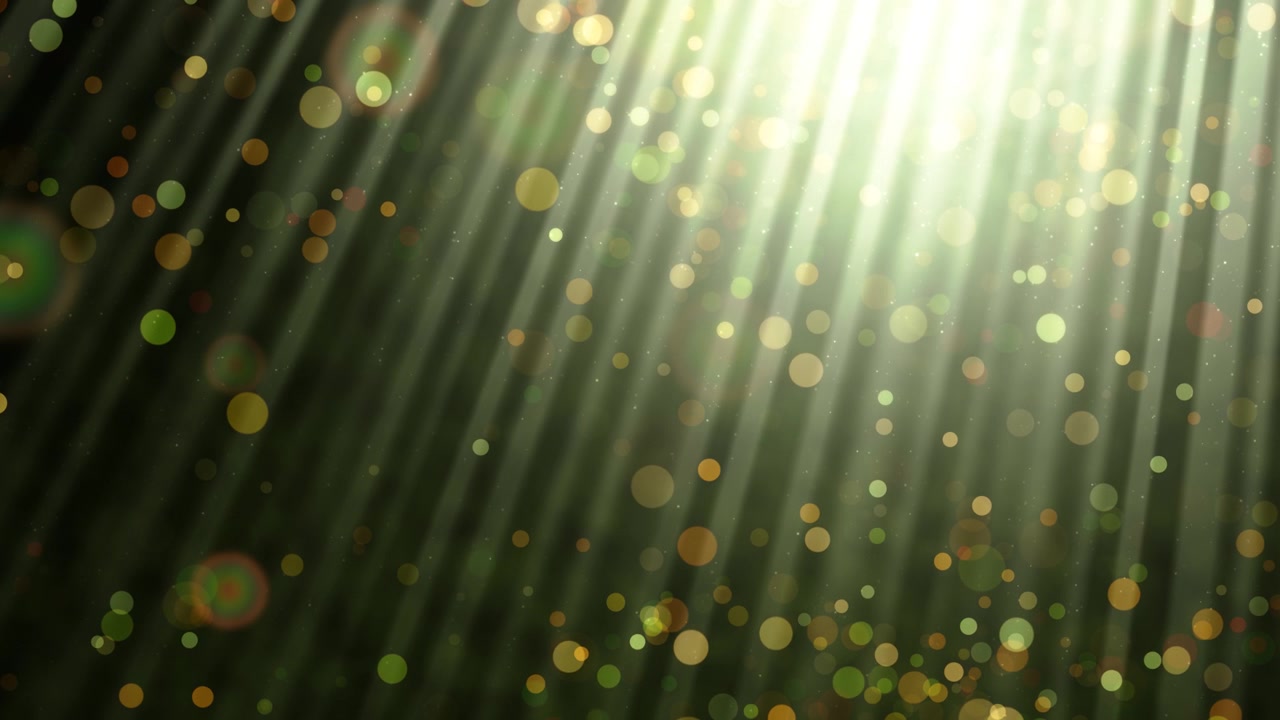 Sunlight shine, mystical scene with shimmering golden and green bokeh against a dark background, loopable light rays and defocused particles