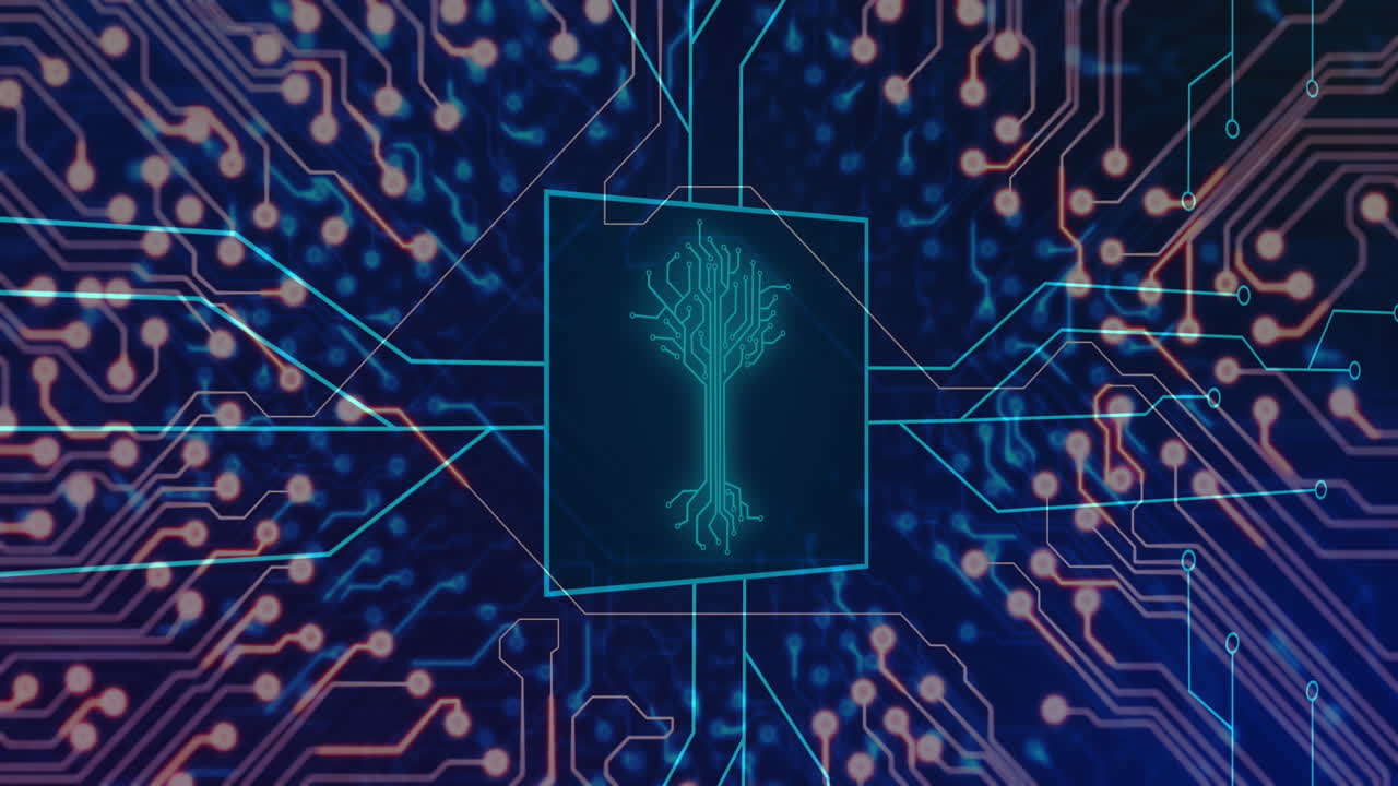 Animation of computer circuit board with data processing