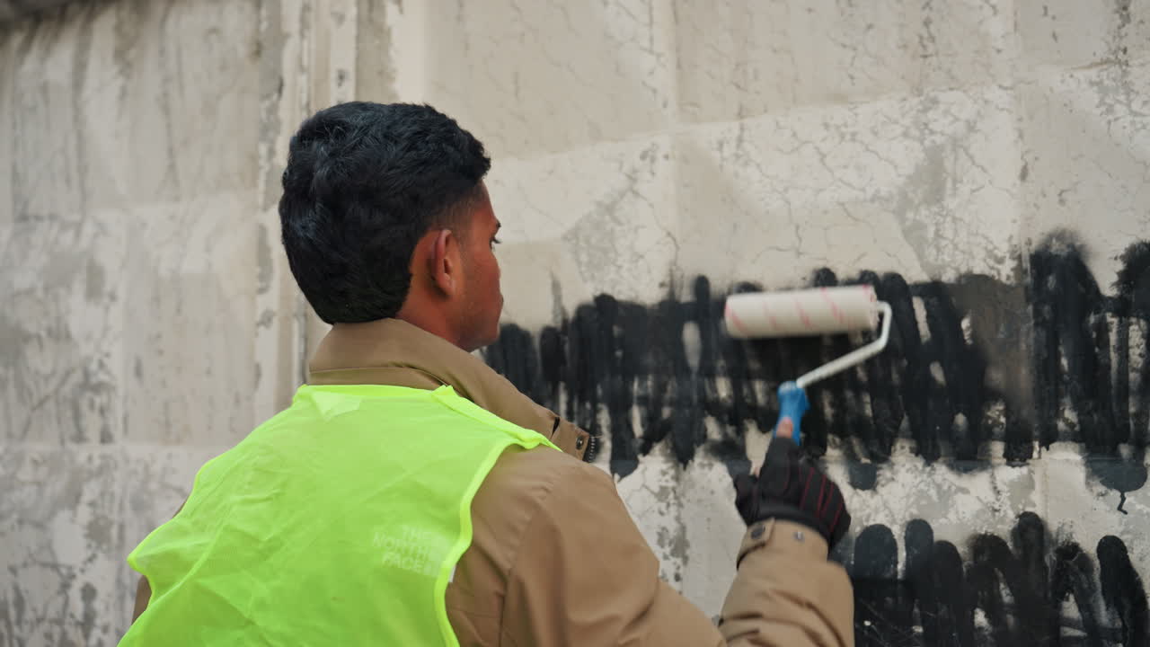 Arbejder restaurerer væg med rullepensel. Maler fjerner dygtigt graffiti fra betonoverflade. Professionel reparerer graffiti med rulle på tekstureret betonoverflade i sikkerhedsvest.