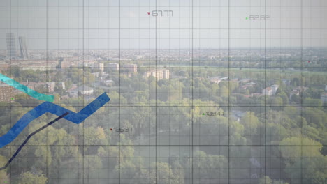 graph lines and data points overlaying cityscape with animation of green trees