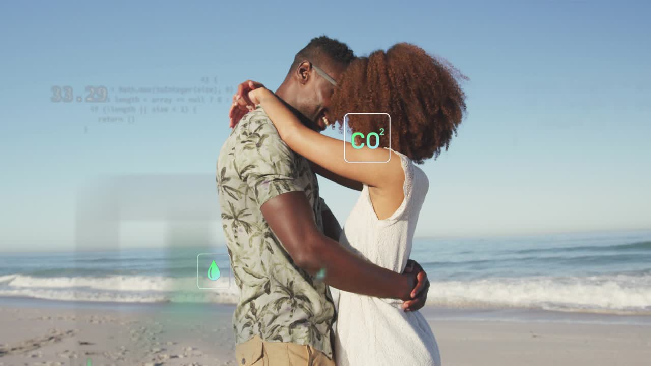 Couple arriving water edge and hugging triggers icons visualizing eco data floating around