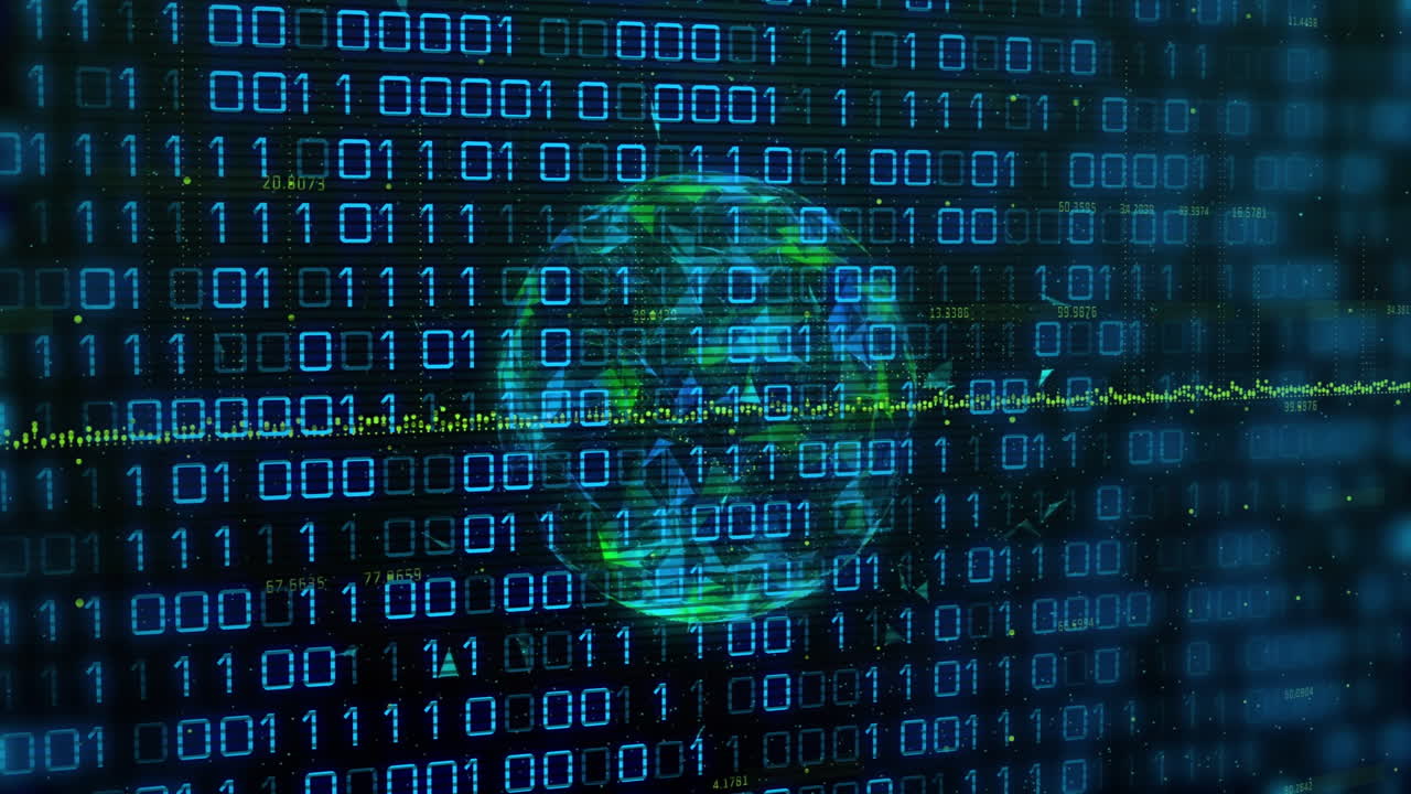 código binario y animación de globo digital sobre el fondo de procesamiento de datos