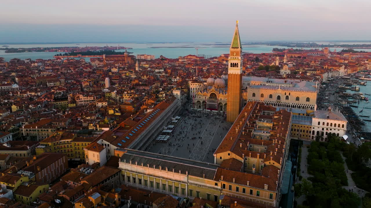 Panoramic View Of Piazza San Marco With Basilica And Bell Tower In Venice, Italy During Sunset