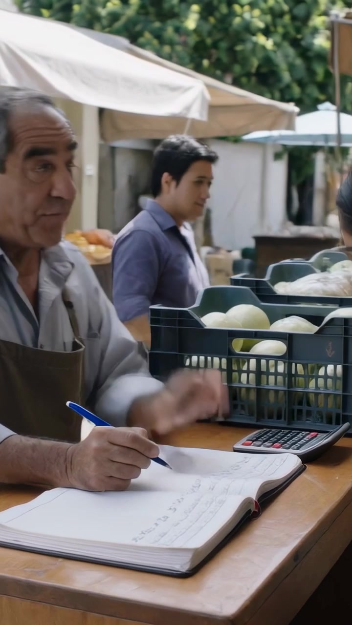 Video verticale: Vedendo l'acquirente che si china, venditore che vende meloni alla bancarella, grembiule con registro, spazio per il testo