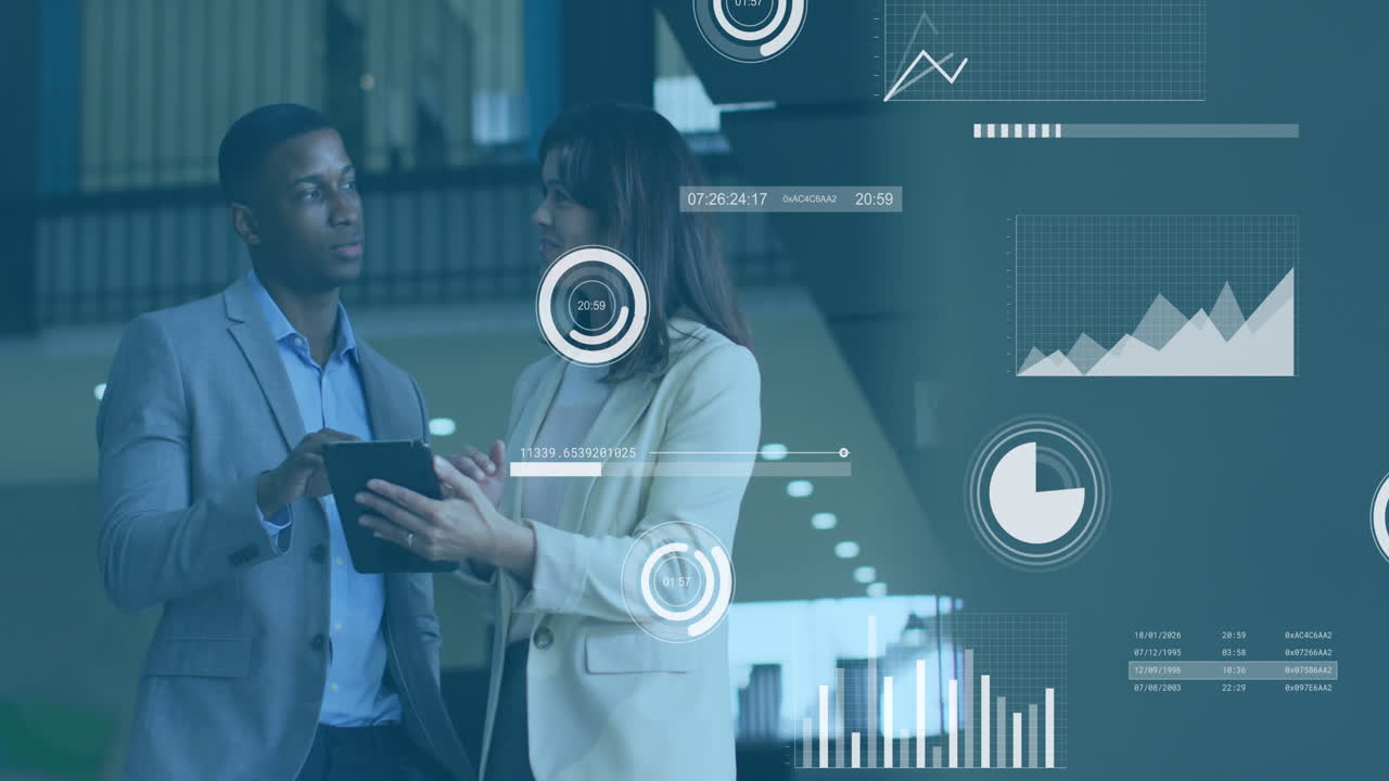 Animation of data processing against diverse businessman and businesswoman discussing at office