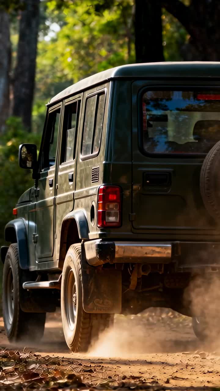 Video verticale: SUV verde a 4 porte che accelera sollevando polvere lungo una pista forestale, con ruota di scorta visibile.