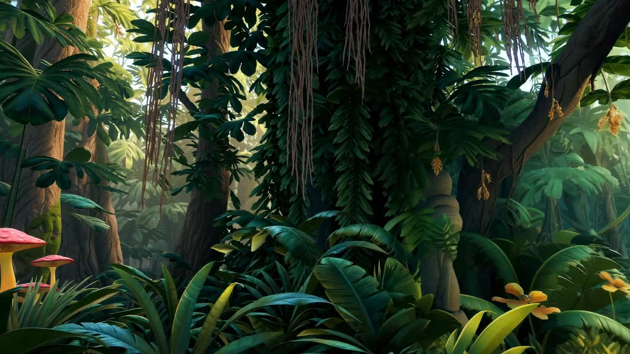 Lush jungle scene with dense foliage and dappled sunlight, captured from a low-angle