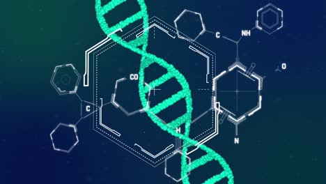 Animation-of-hexagonal-shape,-dna-and-chemical-structures-against-blue-background