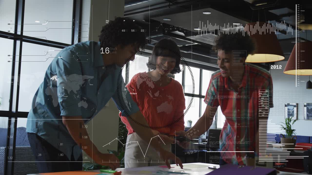 Team pointing and moving papers, showing phone, causing floating charts for design approval
