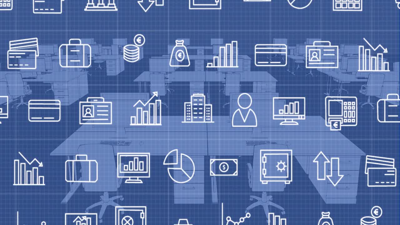 animación de múltiples iconos digitales a través de la red de cuadrícula contra la oficina vacía.