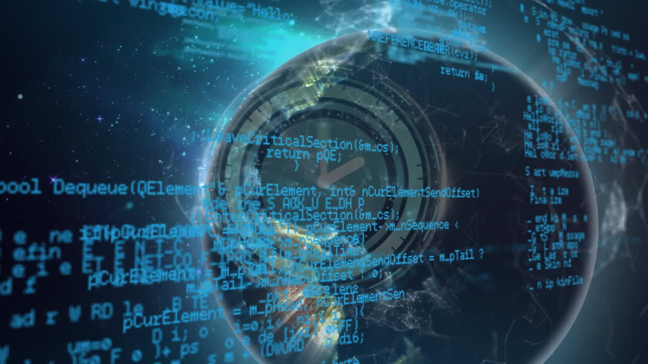 Animation of data processing over clock and globe