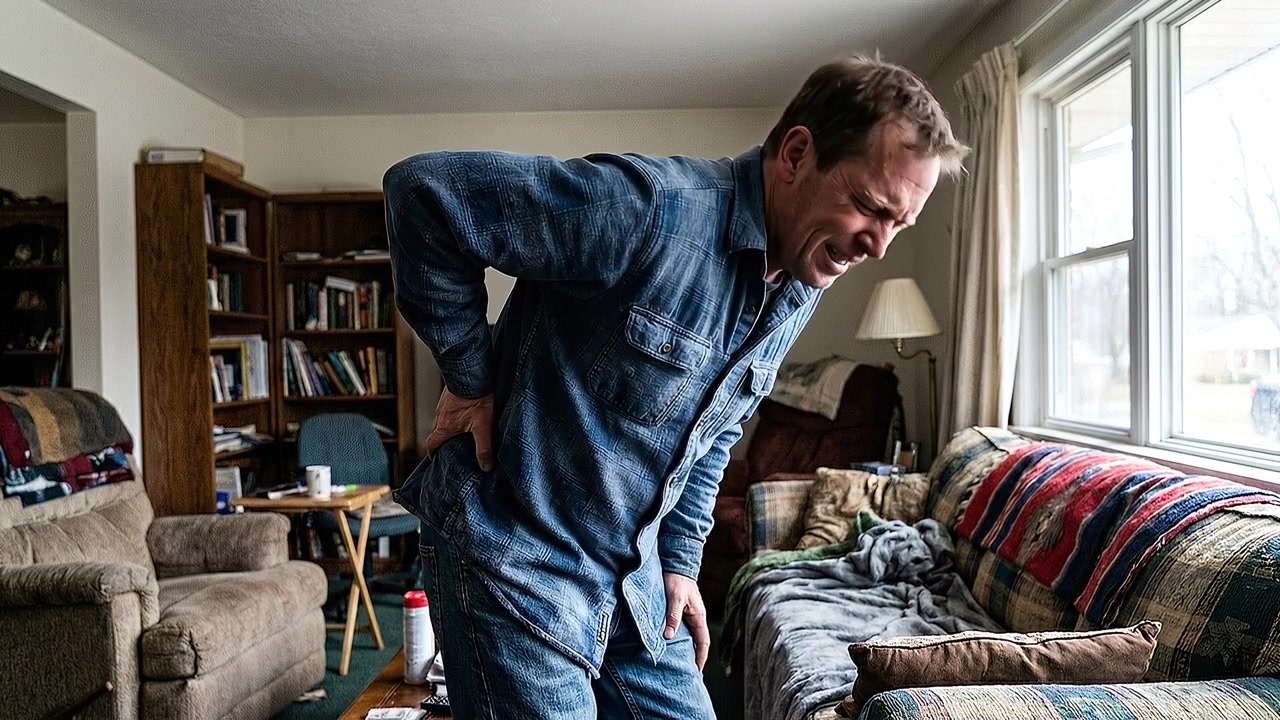 Middle-Aged Man Suffering From Severe Back Pain at Home