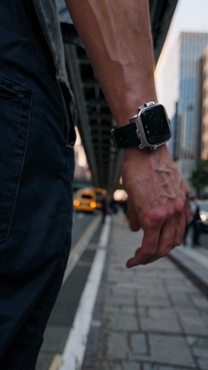 Uomo che cammina sul marciapiede cittadino indossando uno smartwatch