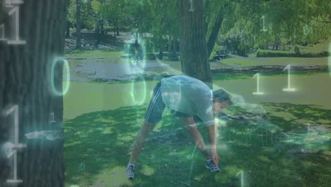 animación de procesamiento de datos de codificación binaria sobre un hombre caucásico estirándose en el parque