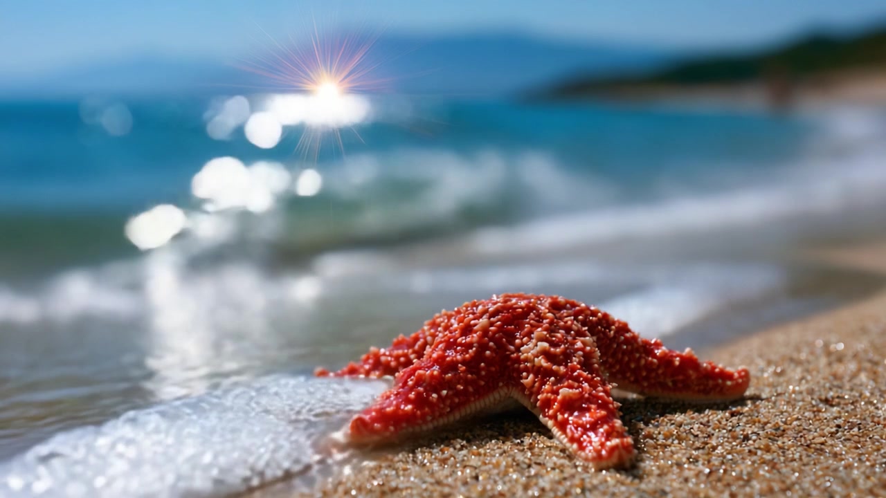 Una stella marina radiosa su un litorale sabbioso sotto la luce solare scintillante, che cattura l'essenza della serenità costiera e della bellezza marina.