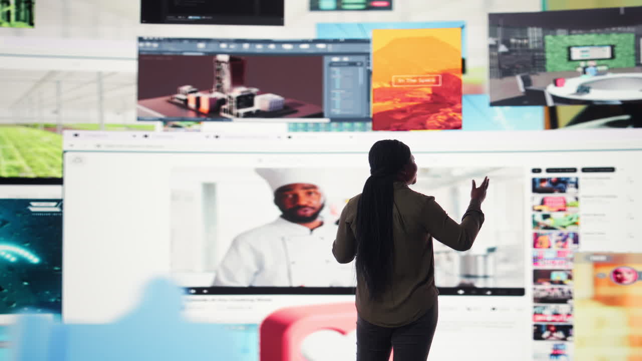 Woman entertained by video content on digital wall of screens