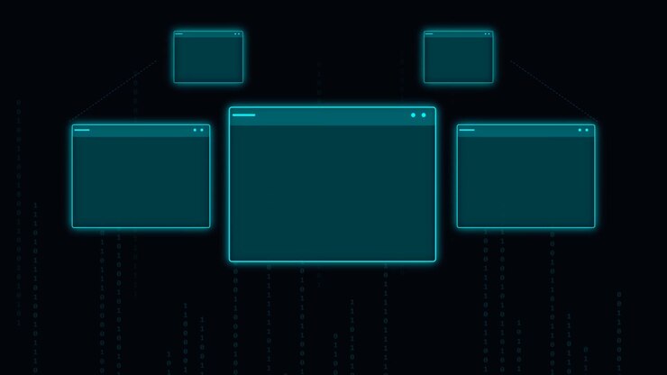 Digital Interface with Floating Windows and Binary Code Background