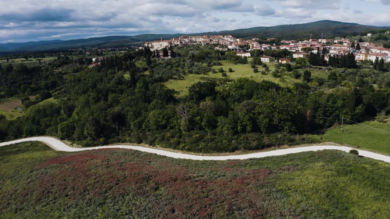 Aerial view over the main road leading to Rapolano Terme in Italy's wine country