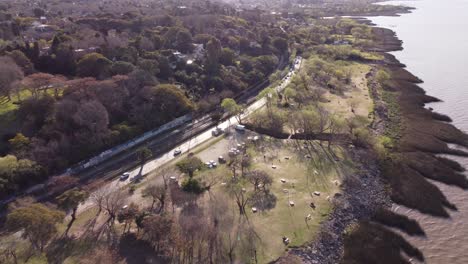 vuelo aéreo sobre la carretera costera con la conducción de automóviles junto al río de la plata,buenos aires