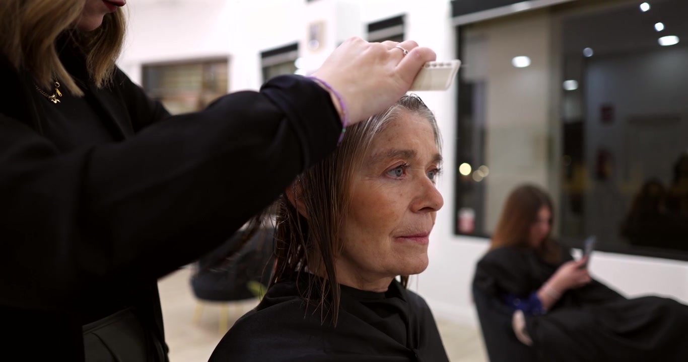 Professional Hairdresser Combing Hair of Senior Woman in Salon