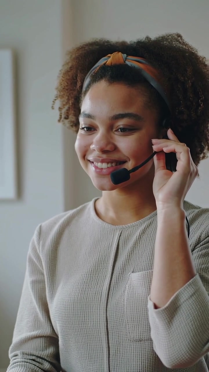 Video verticale: Operatrice del servizio clienti sorridente che regola un microfono ad asta a casa, con un top beige, preparandosi per una chiamata