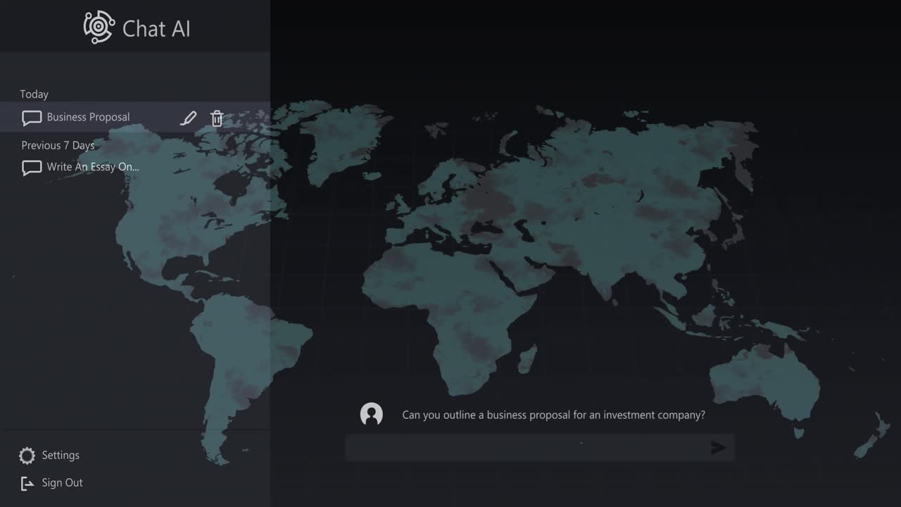 인터페이스 화면에 있는 세계 지도 위의 채팅 로고와 대화 텍스트