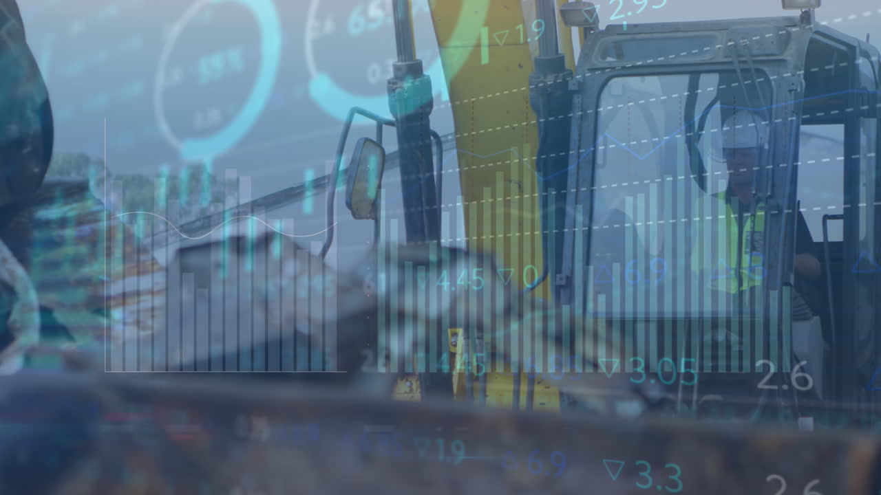 animación de múltiples gráficos y tablero de comercio, grúa agarrando chatarra de metal en el depósito de chatarra