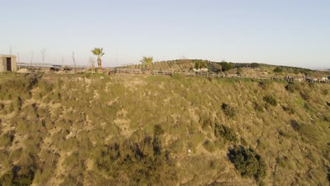 Aerial-ramping-over-a-hill-and-a-road-revealing-olive-trees-in-the-distance