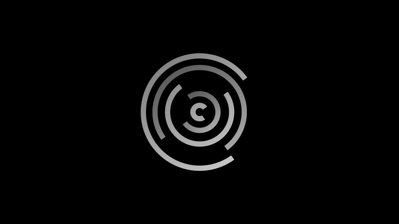 16:9 영상 형식으로 풀 스크린에서 중앙으로 사라지는 크기를 줄여 시계 방향으로 회전하는 스트로보스코픽 및 최면 효과를 가진 흑백 그래픽 객체