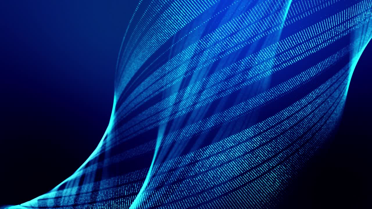 4k looped abstract background of glow particles form lines, surfaces as futuristic landscape in cyberspace or hologram. Sci-fi theme of microworld, nanotechnology or cosmic space. Blue spiral