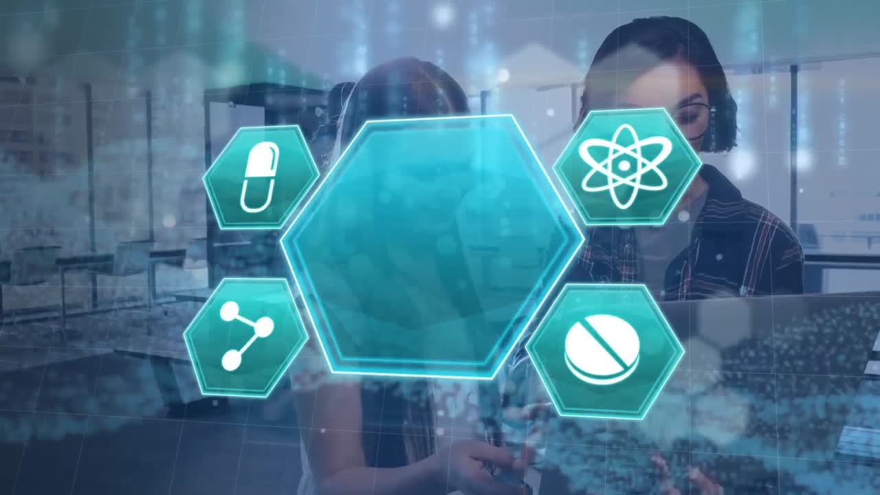 전자 장치를 사용하는 사업가들에 대한 의료 아이콘과 dna  ⁇ 의 애니메이션