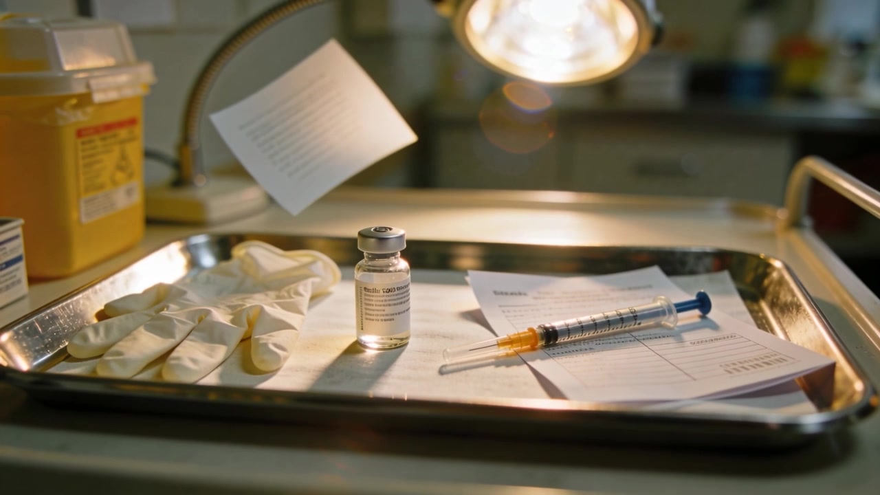 Drifting paper appearing airborne landing above stainless tray at clinic near vial syringe gloves