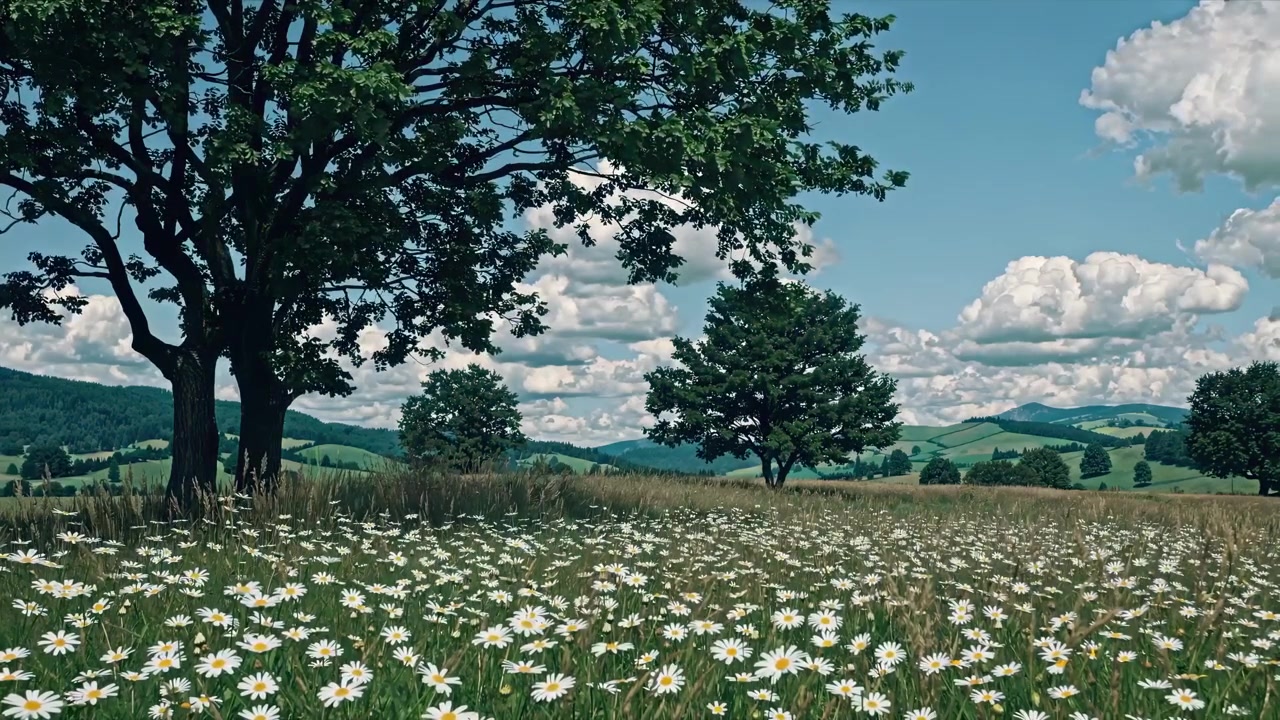 Champ de marguerites paisible avec des collines verdoyantes et un ciel bleu