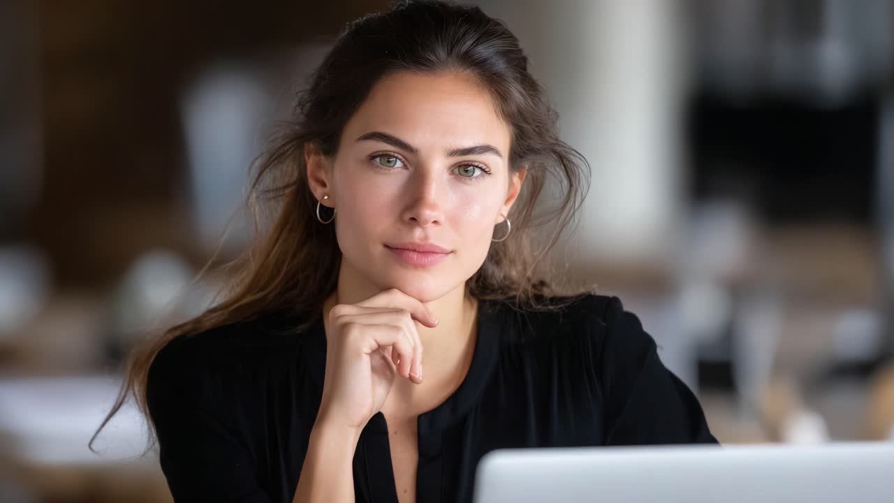 Una Giovane Donna Pensierosa Impegnata nel Lavoro al Laptop, Che Mostra Concentrazione e Determinazione in un Ambiente Moderno e Luminoso