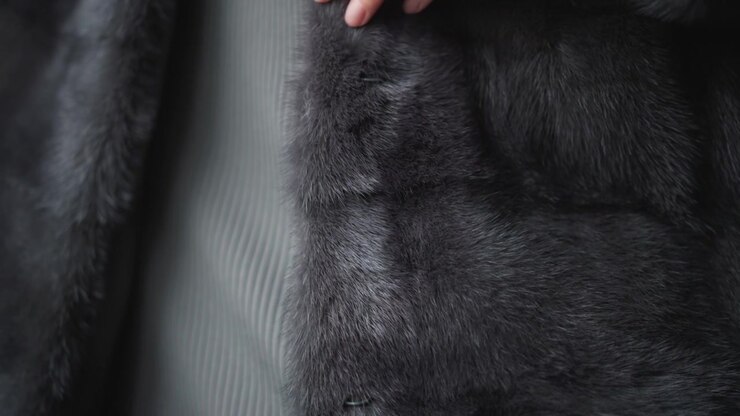 Close up of hand gently touching soft texture of dark gray fur fabric highlighting its plush and detailed surface. interaction emphasizes tactile sensation against smooth material background