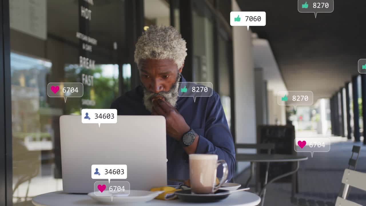 Animated social media icons over a multicolored global business interface