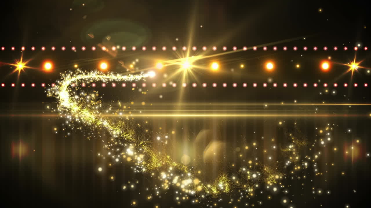 Animation of shooting star over spotlit empty stage at venue