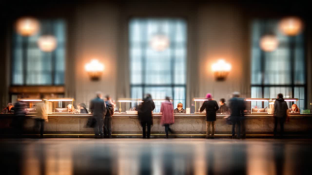 A Busy Service Counter Scene Showcasing Individuals Engaging in Transactions and Interactions in a Grand Interior with Soft Lighting and Architectural Elegance